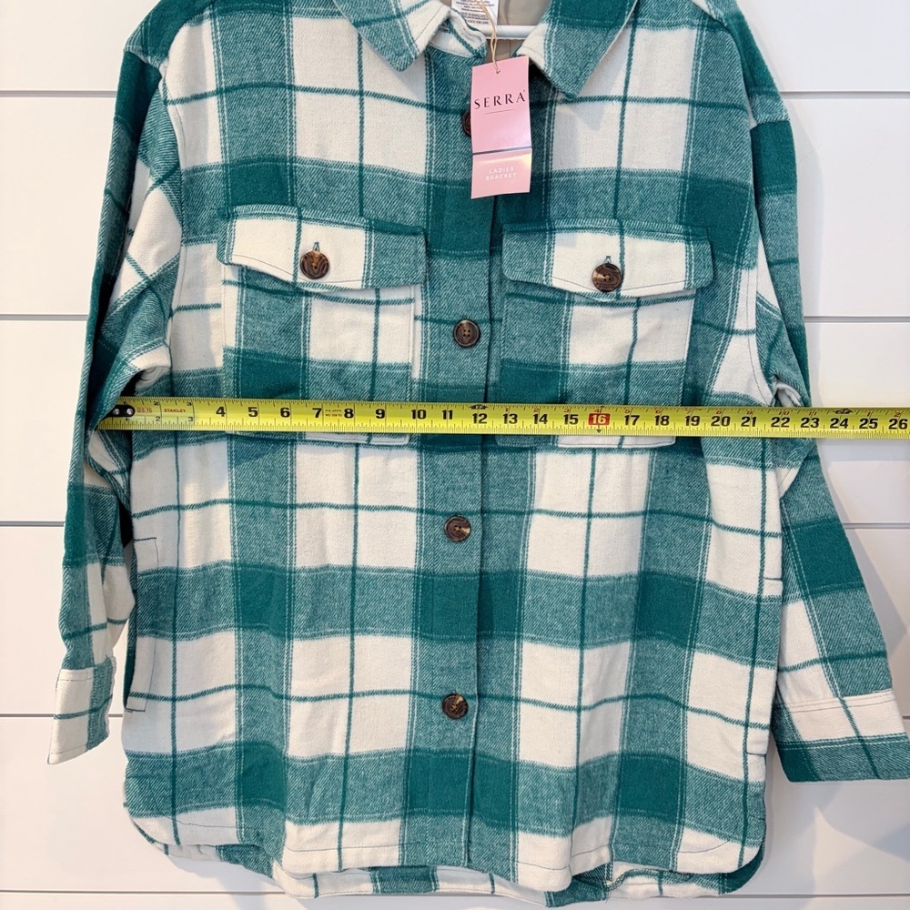 🌟2 for $10 Serra Greenish Blue Plaid Shacket Oversized Cozy Cottagecore Jacket M - Picture 6 of 7